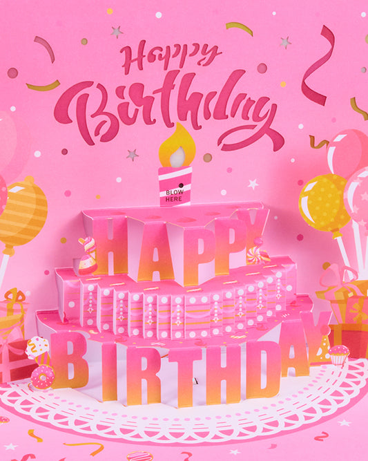 Pink Birthday Card with Blowable LED Candle